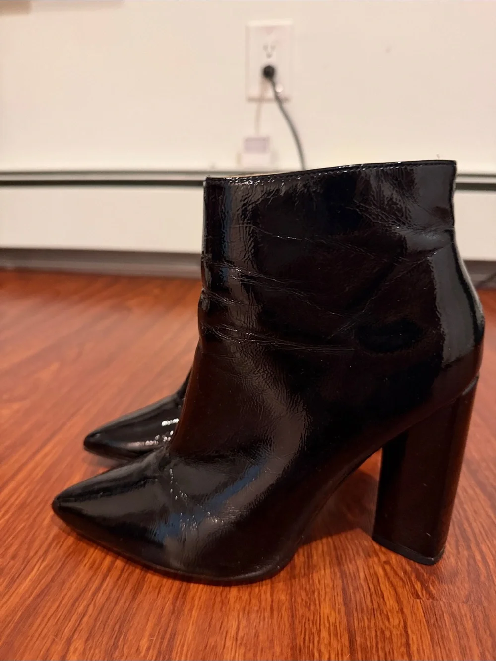 Patent Black Pointed Toe Ankle Booties with Side Zip